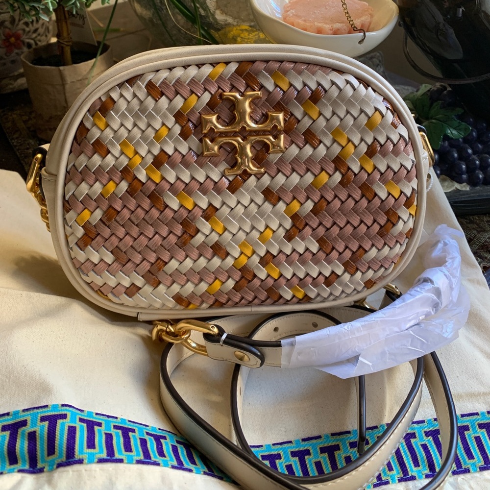 Authentic TORY BURCH Handwoven napa and Leather top zip crossbody